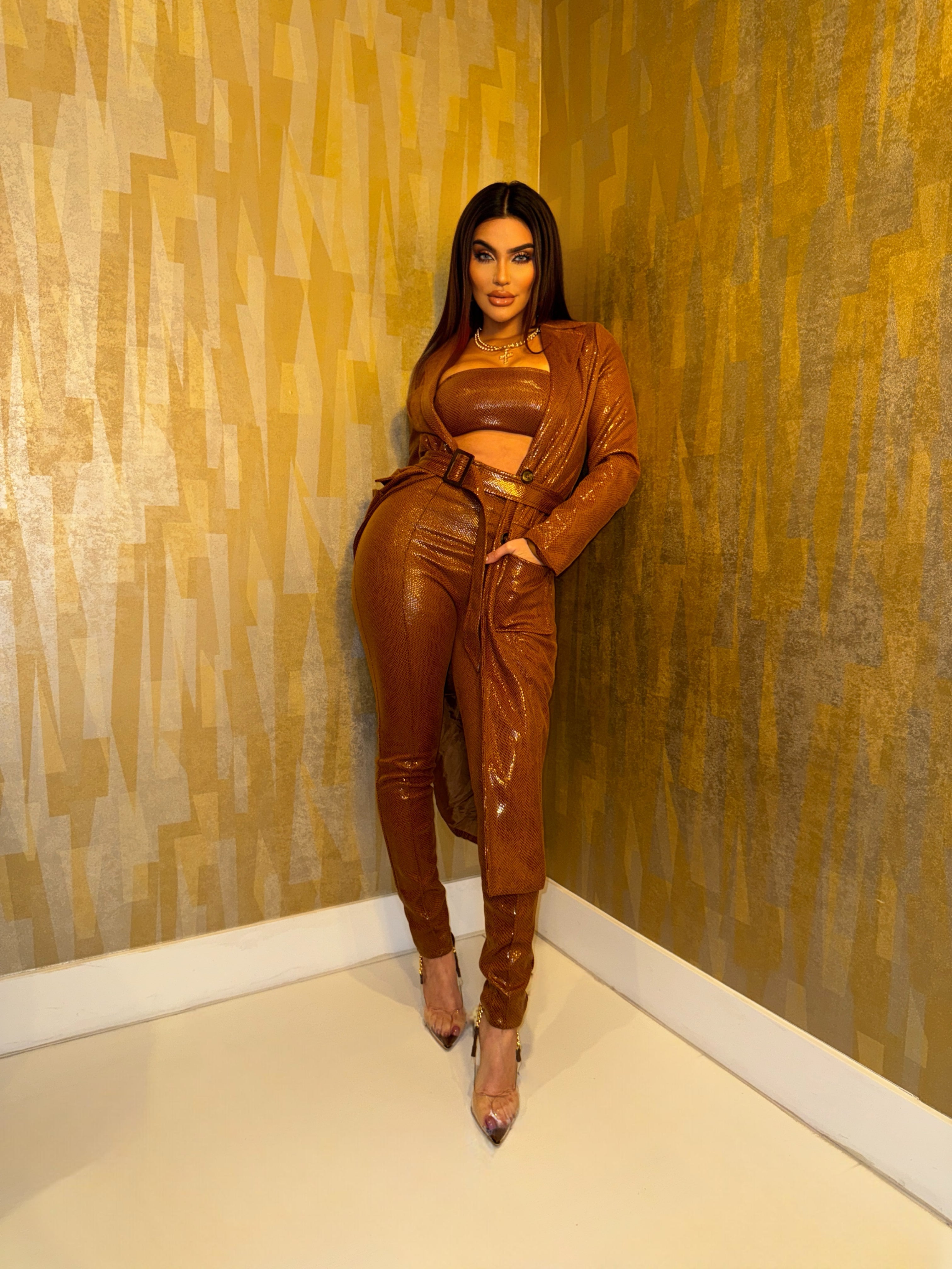 women wearing a Fashion Slayer 3pc Set (Brown) - OMG Swim