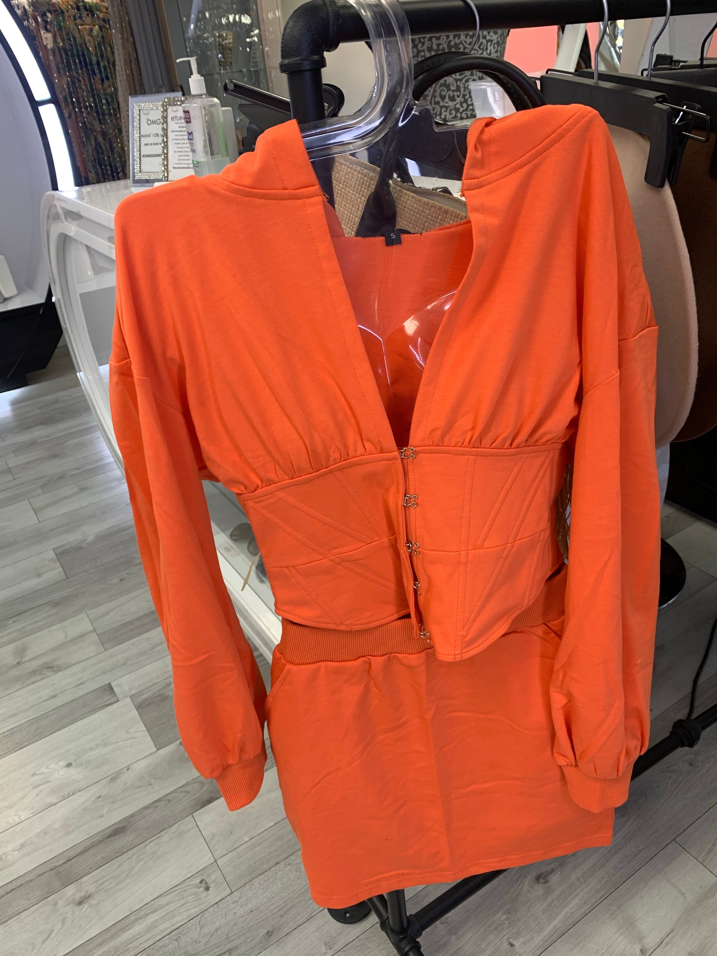 🎁 (Rename) 0002 Skirt & Hoodie 2 Piece Set (Orange) (100% off)