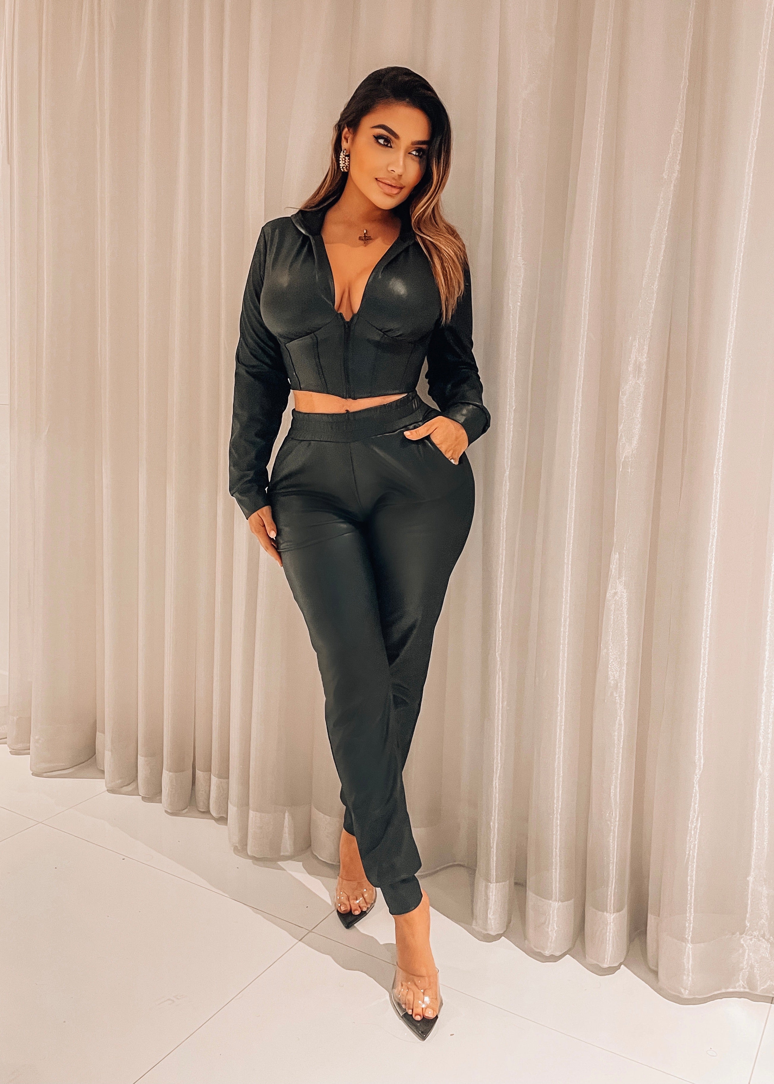 So Foxy 2 Piece Faux leather tracksuit (Black) - OMG Swim